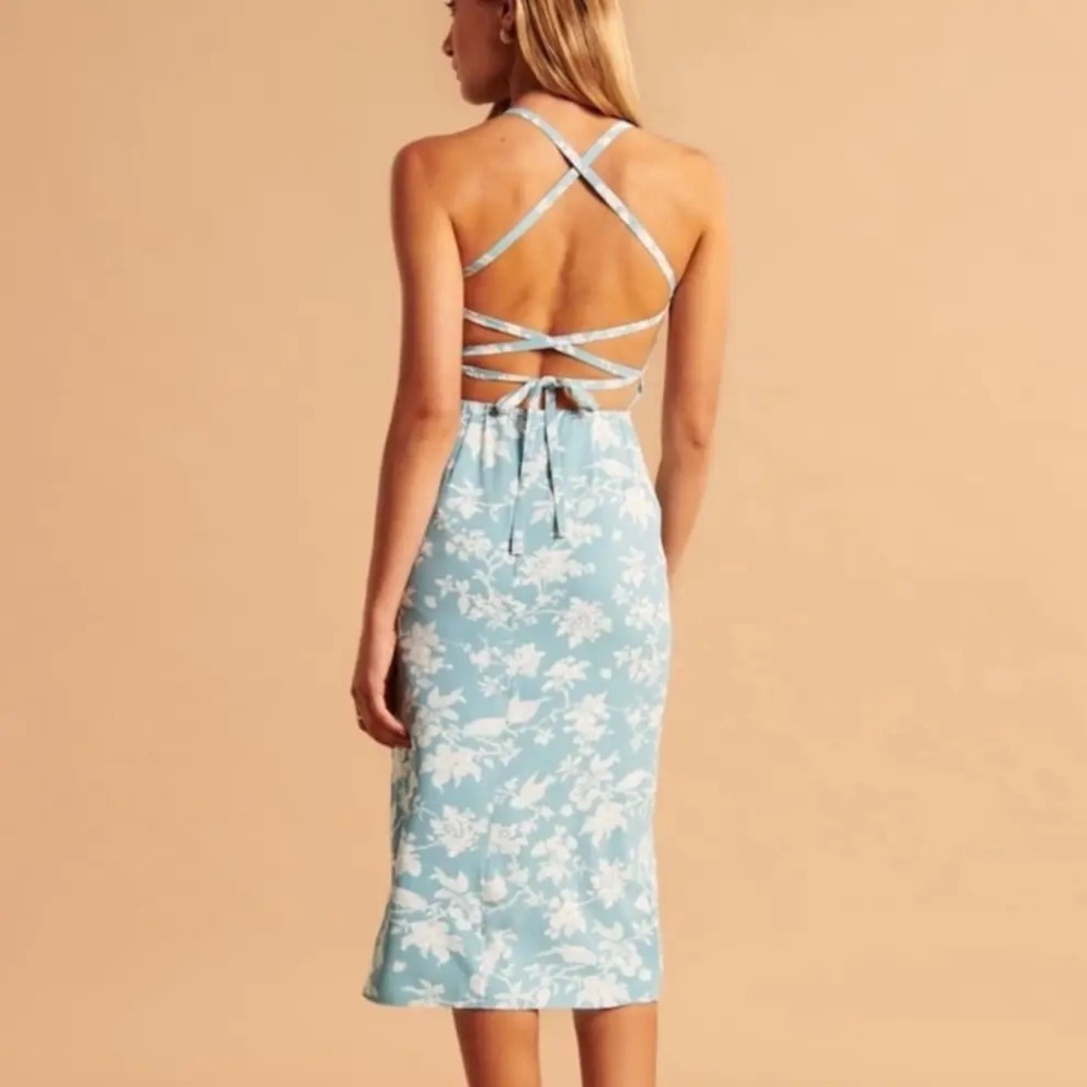 ABERCROMBIE AND FITCH Blue Floral Ruched Satin Midi Dress Size XL